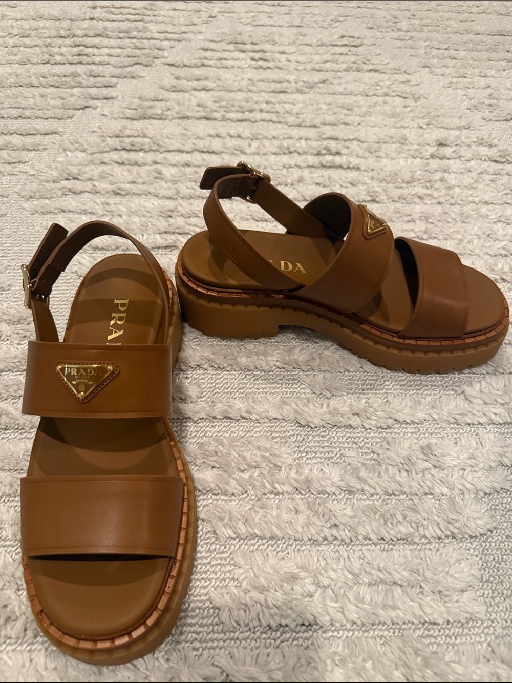 Prada Tan Leather Platform Slingback Sandals with Gold Triangle Logo - Picture 3 of 4